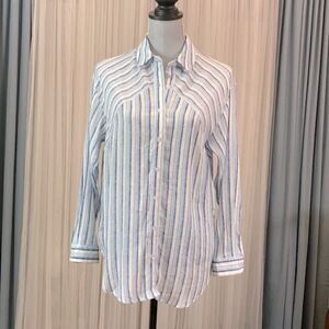 COMO Blu Top button front long sleeve curved hemline blue/white stripes women S